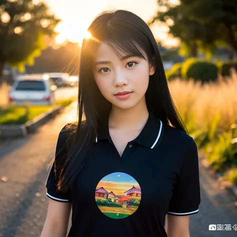  Asian girl looking straight at the viewer, Black hair,  Extra-long hair 2m long , My hair flutters in the wind.,   Strong abdominal muscles , Have a tattoo,   Glazed tile skin  , Red cheeks,  Very Fine Eyes , Black polo shirt with graphic print, "welcome ...