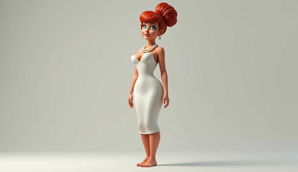  Vilma Flintstone from The Flintstones Series, she wears a sexy tight white dress ,  sexy and with a necklace of white pearls , without shoes, iconic hairstyle :  onion hairstyle with a large butt in the front,  full body, She is slim and curvy,  hyper rea...