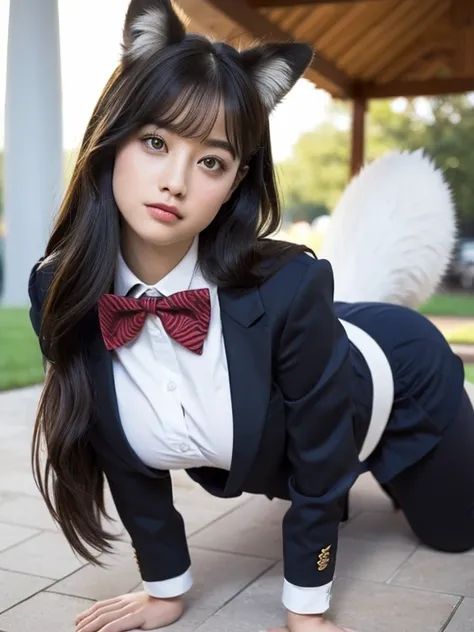 (( top quality, 8k)), ((masterpiece)), ( highest resolution),  perfect face, Woman with fox ears, Woman with a tail,  beautiful woman, Shes a college student , It was taken in the schoolyard, Only one tail, She has thick thighs, Her big fox tail ,  her fox...