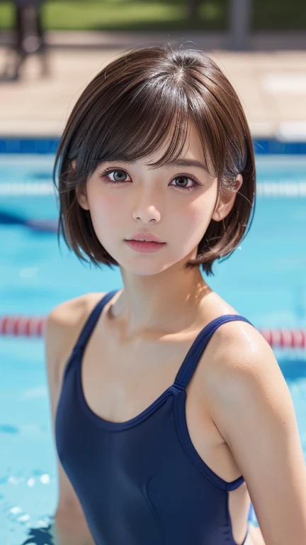 ((Smooth facial skin)、一人の girl、( beauty、繊細な girl:1.3)、(:1.3)、break、( Navy School Swimsuit:1.3)、break、 very detailed明瞭さ、( symmetrical eyes:1.3)、break、( school pool 、Outdoor:1.3)、break、 small breasts、 Brown Eyes 、( short haired ) brown hair 、 girl、break、( Ey...