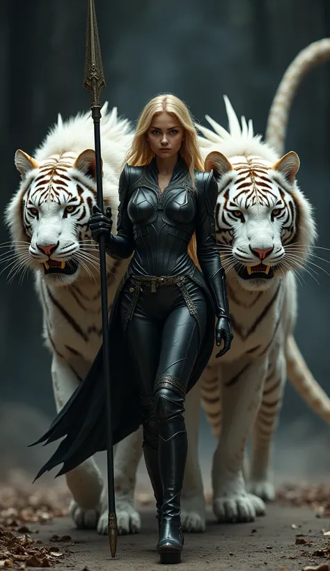 Generate an ultra realistic image of a warrior princess dressed in black blonde hair with a spear and walking towards the camera with her hybrid formed from the fusion of a huge white tiger and a winged dragon