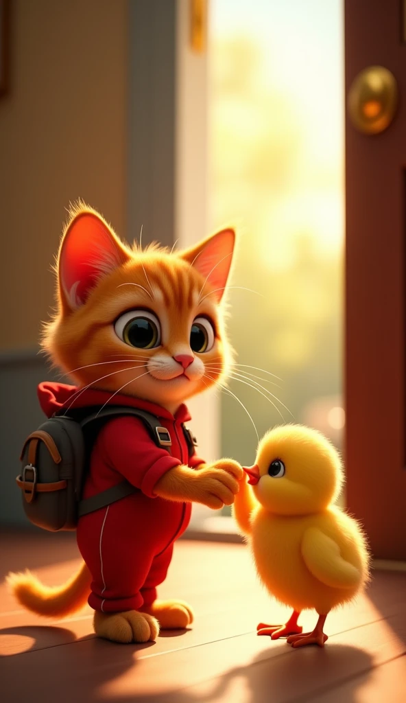  An adorable orange cat with big eyes , wearing a backpack and a red jumpsuit ,  holding the paw of a little yellow chick that is in front of you.  The scene takes place at an illuminated entrance door , creating a warm and friendly atmosphere,  with a vie...