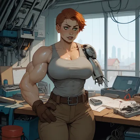 Young woman, short hair, tomboy, athletic, buff, big arms, chunky, green eyes, large breasts, wide hips, muscular, gray tank top, sweaty, baggy cargo trousers, tool belt, brown leather gloves, workshop, mechanic, robot workshop, (incase:0.35), cracked arm,...