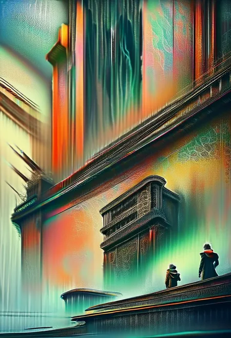 abstract colors, texture, film grain, skin pores:0.1 intricate dramatic portrait of a beautiful windblown scifi scientist standing on a balcony overlooking a futuristic (solarpunk)1.2 city, foggy morning, cinematic movie still frame, blade runner 2049, pun...