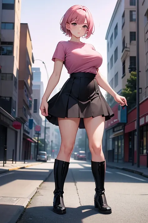 1 woman,  wide hips,  medium breast, short cut , Hair color pink ,  tight pink t-shirt ,  mini school skirt, big black boots ,  background a street with buildings,  flat from the floor, focusing on her skirt .