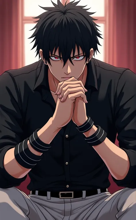 Cuff on the arms,  black hair, White pants, Black shirt,  black hair,  red eyes ,  with your mouth shut, Serious, anime, Masculino