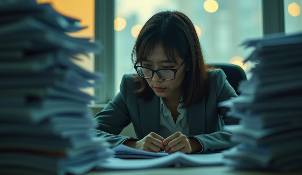 A 30-year-old Vietnamese female office worker, dressed in a gray suit, glasses, shoulder-length hair, tired and bored, is sitting in a room full of paperwork with a thick stack of documents, outside the window, the sparkling yellow lights of the city begin...