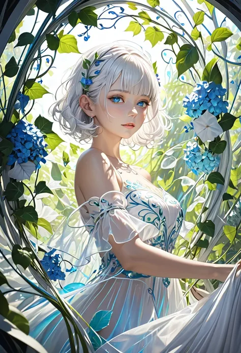 from below, cool beauty elf, looking down on, iridescent pure white shiny silky short messy wavy hair, blunt bangs, amorous and lewd expression, grin, captivating eyes, superlative body proportion, wearing loose fluffy fairy dress of embroidered translucen...