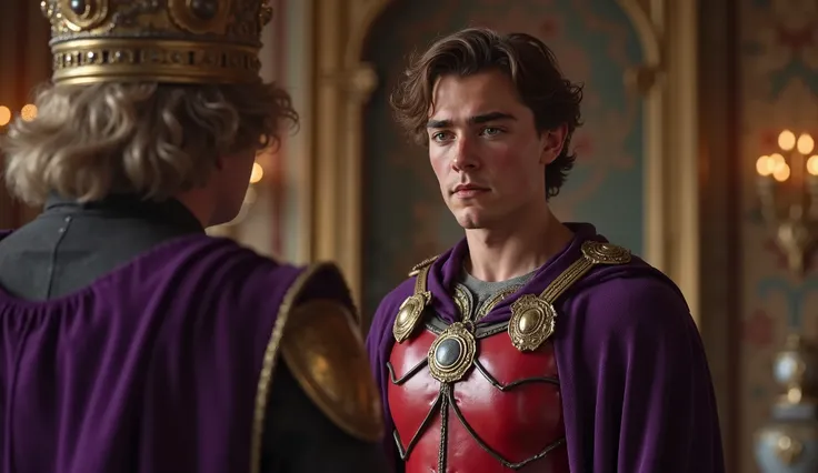 1man, masterpiece, young man, athletic build, brown hair and blue eyes, wearing unique red leather chest plates and armor, a purple royal cloak, speaks to king in a palace throne room, over the shoulder shot, depth of field