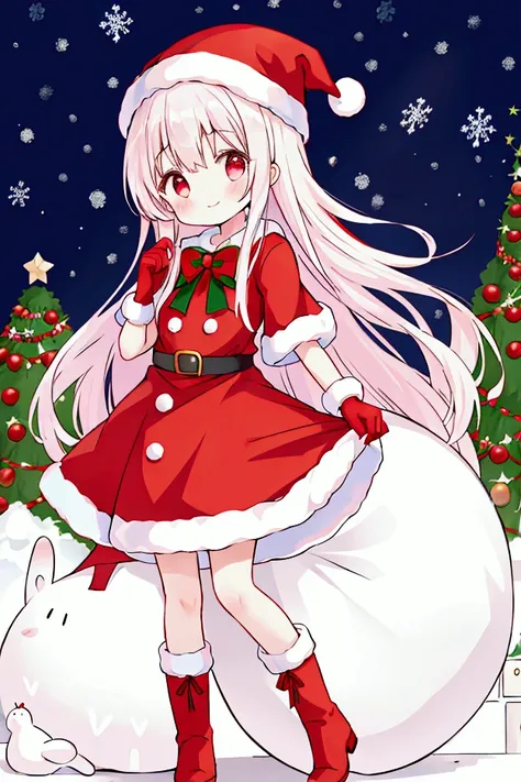  girl、smile、Children、 Santa Claus、Santa hat、Red gloves、Santa Dress、 One Piece Dress、 Long Skirt、 boots、 Christmas tree