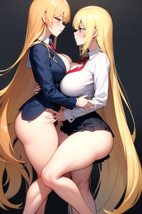 lesbian (very long loose yellow hair)( big breasts ,  big thighs)(with school uniform clothes it is very tight) that he is kissing and touching his parts at school with his girlfriend(that they are in a very sexy and compromising position with their girlfr...