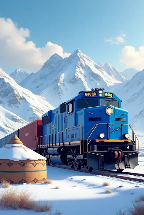 Blue Realistic Mongolian Freight train with Mongolia yurt and beautiful winter mountain