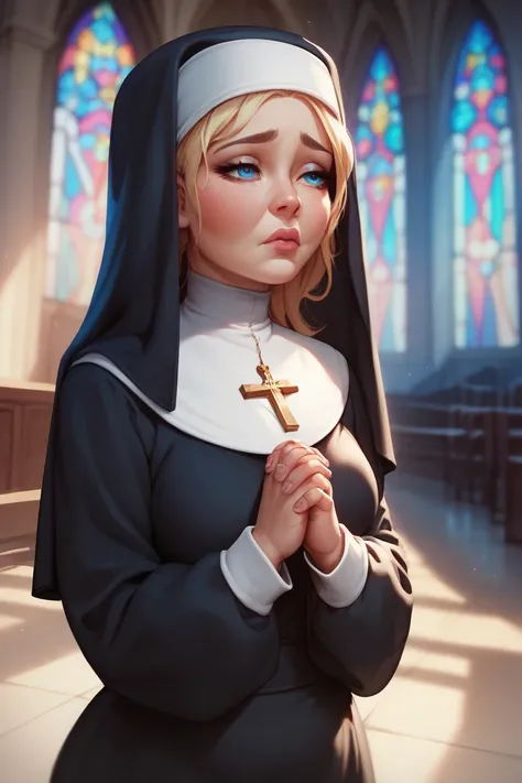 a nun with blond hair ,  blue eyes ,  slightly plump cheeks and a sad expression and hands clasped as if praying, Background inside a church at night  