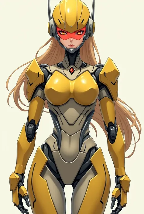 A futuristic humanoid female robot with a bold and elegant design in Japanese anime-style. Her body is covered in sleek beige armor plates, blending mechanical precision with human curves. Her head features a high-tech helmet with angular patterns and embe...