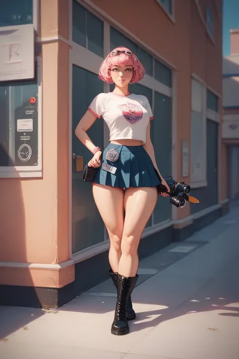 1 woman,  wide hips,  medium breast, short cut , Hair color pink ,  tight pink t-shirt ,  mini school skirt,  big black boots ,  background a street with buildings, Countertop camera plane.