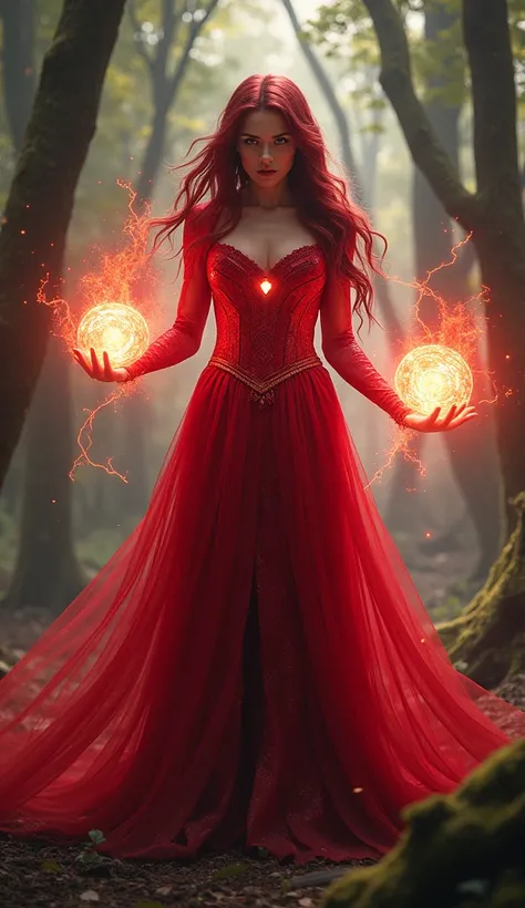 "Scarlet Witch in a vibrant red dress that seems to be made of magical energy. She stands in an enchanted forest, her eyes glowing red, and her hands forming spheres of energy that illuminate her stunning features."