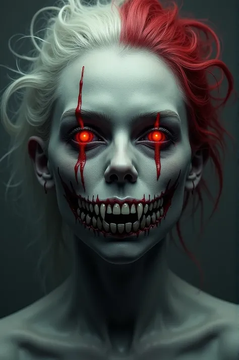 *my hair turns white and red, my skin becomes greyish white, i get a mask over my mouth with teeth,my eyes become red with lines red lines going vertically across my eyes*