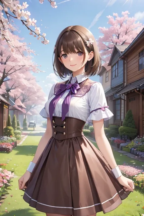 (masterpiece),(highest quality),  

, Brown dress with her nipples showing, casual clothes, have, purple bow, short sleeve, short hair、smile, garden, cherry blossoms, Grass, looking at the viewer, 