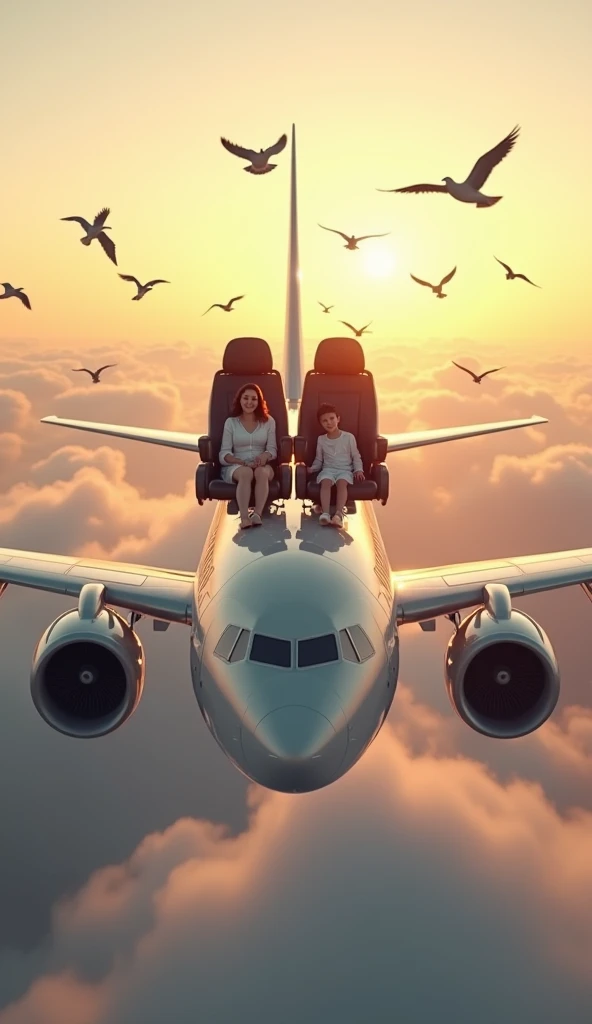 A realistic and proportional image of a Boeing airplane flying high above the clouds. On top of the airplane, there is a single passenger seat, designed to match the exact style of an interior airplane seat, scaled to be proportionate to the size of the ai...