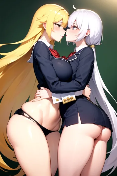 lesbian (very long loose yellow hair)( big breasts ,  big thighs)(with school uniform clothes it is very tight) that he is kissing and touching his parts at school with his girlfriend(that they are in a very sexy and compromising position with their girlfr...