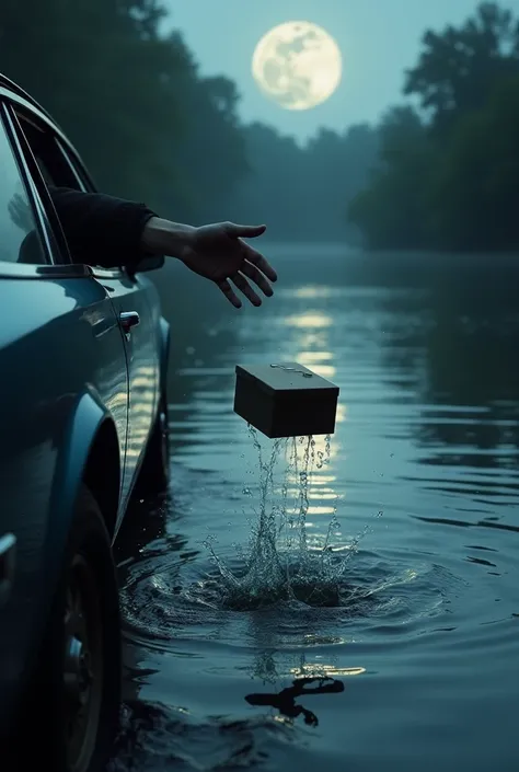 
A hand emerging from the cars window, throwing a small box into the river. The box splashes on the water’s surface, creating ripples before it starts sinking. The river glistens in the soft moonlight.
