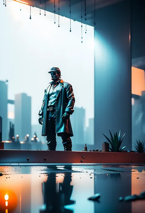 abstract colors, texture, film grain, skin pores:0.1 intricate dramatic portrait of a beautiful windblown scifi scientist standing on a balcony overlooking a futuristic (solarpunk)1.2 city, foggy morning, cinematic movie still frame, blade runner 2049, pun...