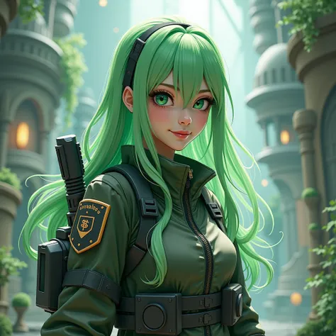  light green hair、 imaginary、 1 girl、  I can see my whole body、 high detail ,  High Quality ,  high image quality model,  smiles,  high definition , handgun gear 