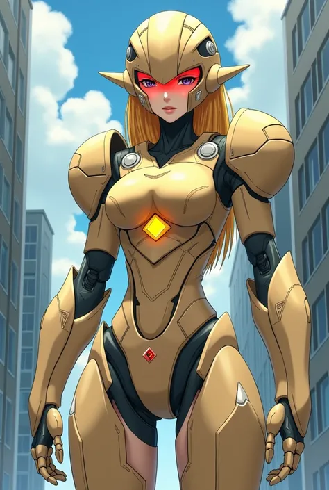 A futuristic humanoid female robot with a bold and elegant design in Japanese anime-style art. Standing in the middle of a city filled with gigantic buildings, her enormous size stands out.
Her body is covered in sleek beige armor plates, blending mechanic...