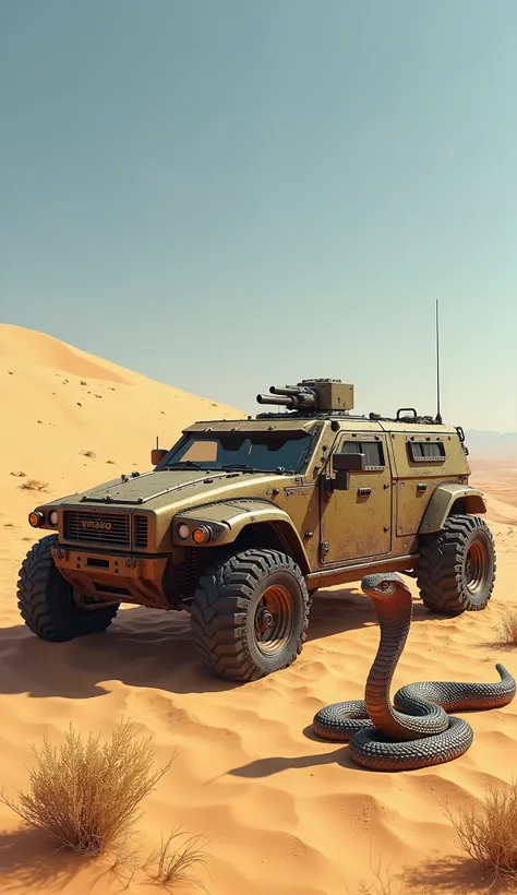 A highly realistic depiction of a Panser Anoa armored vehicle parked on a barren desert landscape, with a cobra snake standing upright beside it. The cobra, with its hood flared and scales shimmering under the harsh sunlight, appears poised and alert. The ...