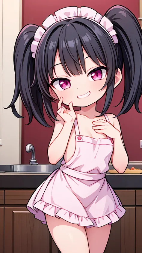 (8K, Highest image quality, highest quality, masterpiece), detailed face, ((one loli)), black hair, short twintails, pink eyes, evil smile, ((grin)), small breasts, naked apron, cowboy shot, put your hand on your mouth, kitchen background