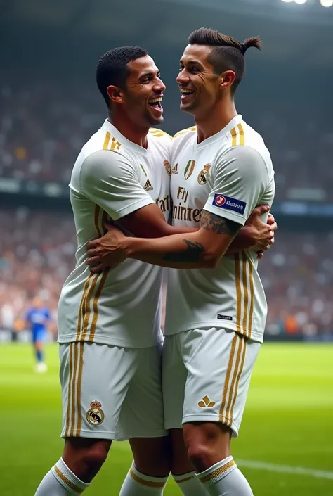 Salomón Rondón with Cristiano Ronaldo celebrating goal together in a Real Madrid uniform