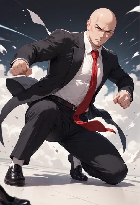 anime,  bald man,  wearing black suit, white shirt,  loose red tie, black shoe,  fighting posture, Lateral perspective .  full body.