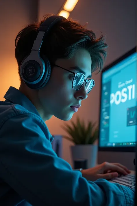 A boy who is wearing headphones with glasses sitting in front of a computer he is so handsome the other side there is a logo of guest posting 