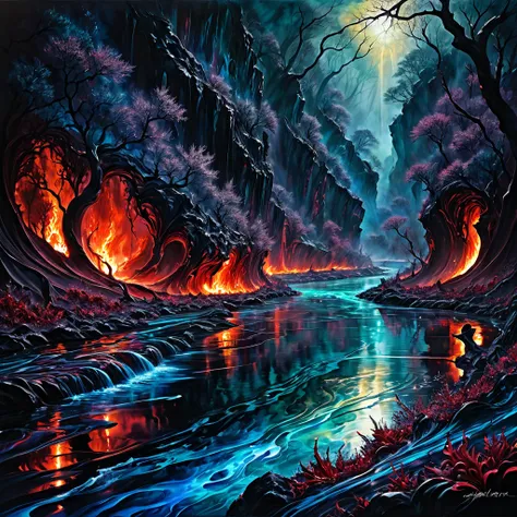 fusion of acrylic and watercolor paintings, finger painting artwork, Acheron River, King of Hell Hades, Journey to Hell, Landscape Painting, dark fantasy, glossy effects, delicate and dynamic textures, contrasts of light and shadow, 2.5D, artistic photogra...