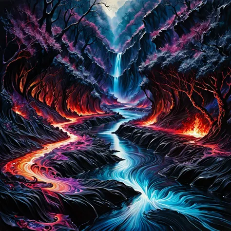 fusion of acrylic and watercolor paintings, finger painting artwork, Acheron River, King of Hell Hades, Journey to Hell, Landscape Painting, dark fantasy, glossy effects, delicate and dynamic textures, contrasts of light and shadow, 2.5D, artistic photogra...