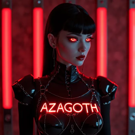 A pleasure robot girl WITH BALCO RED EYES GOTHIC HYPERALISTIC LOOK IN THE BACKGROUND RED LED LIGHT RED ATMOSPHERE , The chest has the word AZAGOTH in letters WITH FUENTE CYBERPUNK futuristic