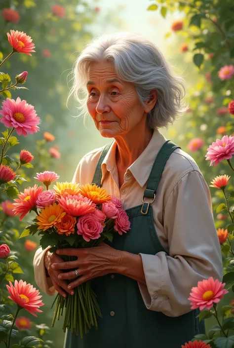 Imagine an elderly lady picking flowers