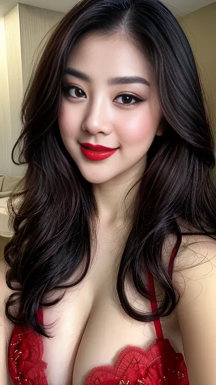 instagram photo, closeup face photo of 23 y.o Chloe in kebaya, Red Lipstick, sensual Lipstick, Sensational Make Up, cleavage, pale skin, (smile:0.4), hard shadows, Red G-STRING, bright lighting 