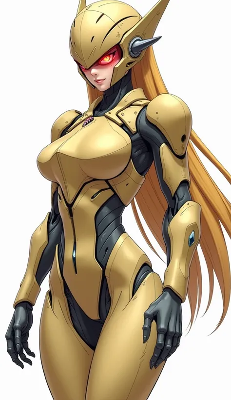 A futuristic humanoid female robot with a bold and elegant design in Japanese anime style art.
Her body is covered in sleek beige armor plates, blending mechanical precision with human curves. Her head features a high-tech helmet with angular patterns and ...