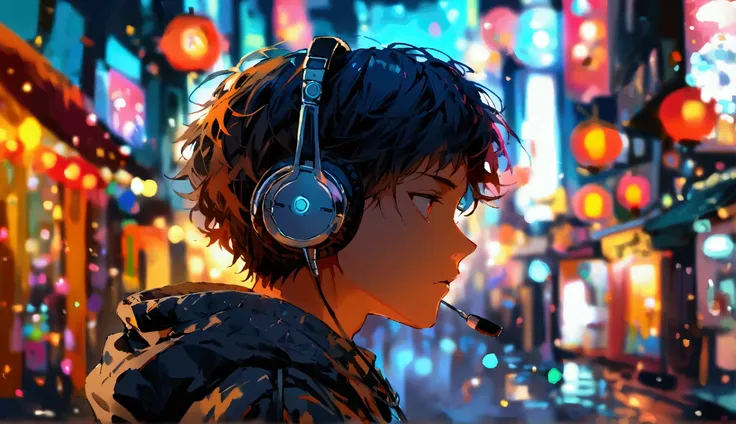 a boy teenager wearing headphones walling in street dim background some litghs