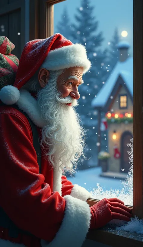 Santa Claus looking through the window into the house.