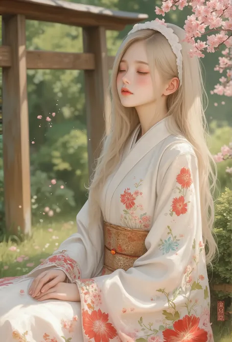 Impressionism style,Pointillism,soft dotted textures,muted pastel tones,1girl,dreamy shrine maiden,long flowing hair,subtle highlights,traditional kimono with hand-painted floral designs,peaceful sitting pose,serene garden setting,delicate cherry blossoms ...