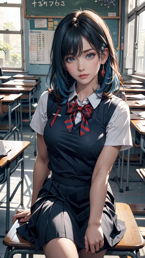  1 girl in uniform,  long light blue hair,   dark blue , sit in classroom,  black school modern uniform, Anime