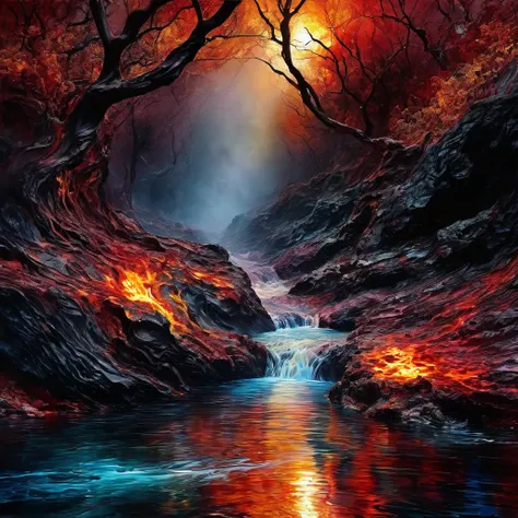 fusion of acrylic and watercolor paintings, finger painting artwork, Acheron River, King of Hell Hades, Journey to Hell, Landscape Painting, dark fantasy, glossy effects, delicate and dynamic textures, contrasts of light and shadow, 2.5D, artistic photogra...