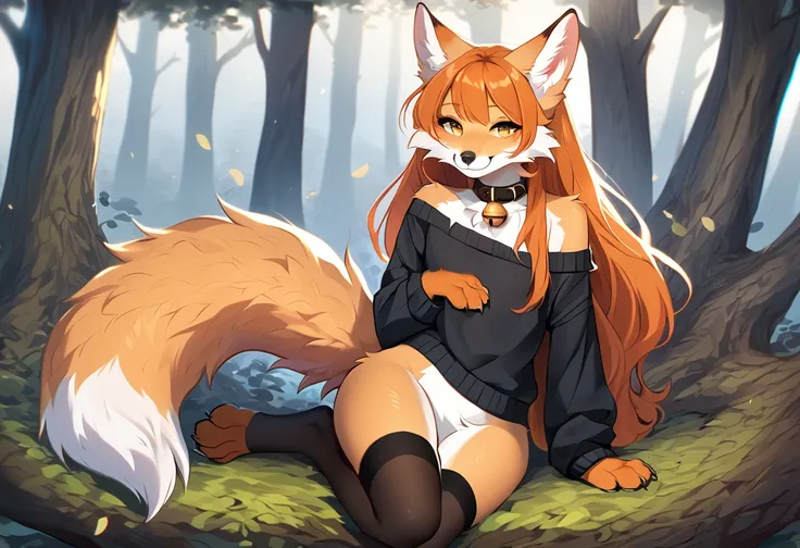 full body、Solo、 score_9、 score_8_up、 score_7_up、moody atmosphere、fox、anthro、furry、female、orange fur、(long hair、beautiful hair、orange hair、side swept hair、bangs)、yellow eyes、(fur tuft on chest、tuft of fur)、(digitigrade、claws、fox paws、exposed feet)、(heavily ...