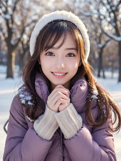 (Winter date ), ((Natural fashion style clothing for very cold days:1.2)), (( down jacket :1.2)), View the viewers, Japanese female university student, ( one woman:1.2),  shes so beautiful ,  pubic skin,  perfect face,  cute and symmetrical face with water...