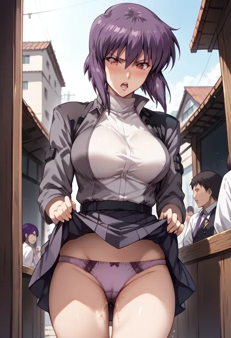 masterpiece,High resolution,Highest quality,8k, anime style,Embarrassing ,orgasm:1.2,skirt lift up,Cute Panties ,1girl,detailed face,detailed hair,detailed legs, (tatenokai567),motoko kusanagi, kusanagi motoko, short hair, large breasts, red eyes, purple h...