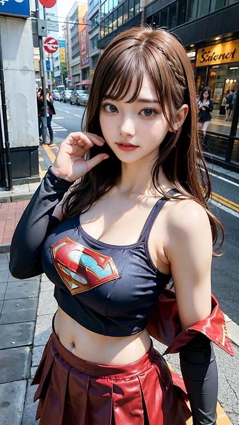   1 girl，big tit female body set ，  Supergirl Costume Dress，skirt、ミニskirt、Cutting clothes，close，  Off Shoulder Outfit，Charming，  perfect body，street，belly button，Abdominal vest line，Brown Hair、Long Hair、Long Hair、  Sexy Poses