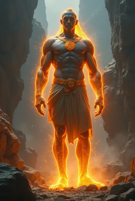 Khenmets a giant his body glowing with radiant runes, as stone begins to creep up from his legs, slowly turning him into a statue. The glowing energy contrasts with the darkening stone as his transformation begins