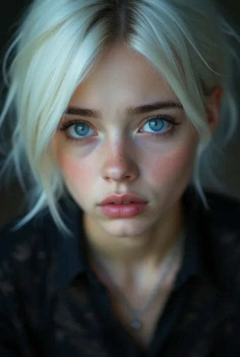 A cute  ,  beautiful reflective blue eyes, short and straight white hair ,  beautiful and detailed lips,  extremely delicate eyes and face,  Long eyelashes, worried facial expression (8k hdr masterpiece), super-detailed textures ,  black princess dress .  ...